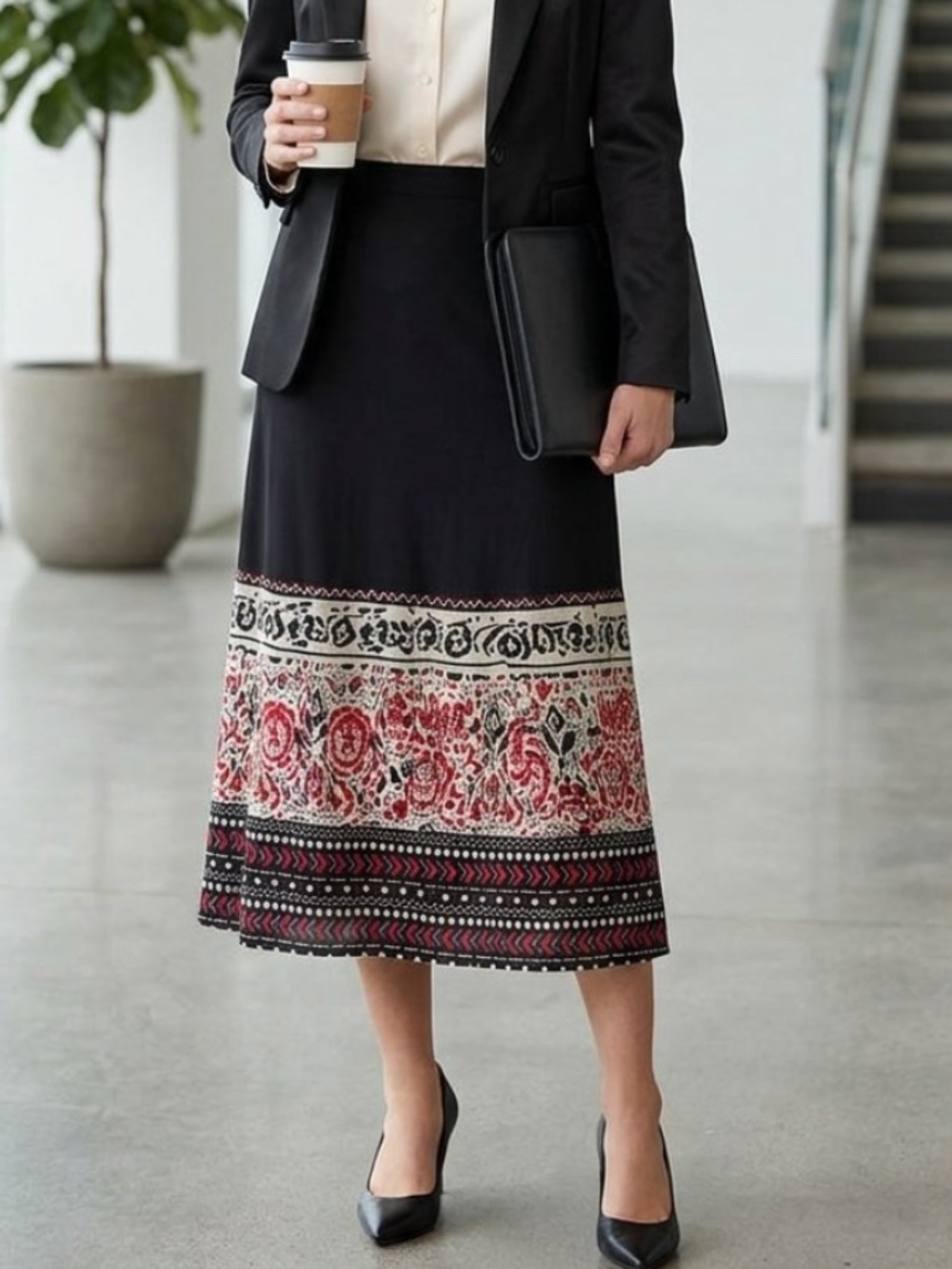 Whimsical A|Line Black Sheer Chiffon Geometric Floral Panel Midi Skirt 6